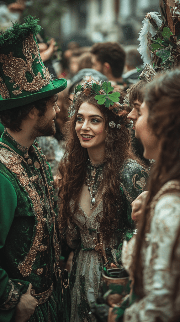 Friends dressed in costumes to celebrate St. Patrick's Day at a parade in Dublin, Ireland.
