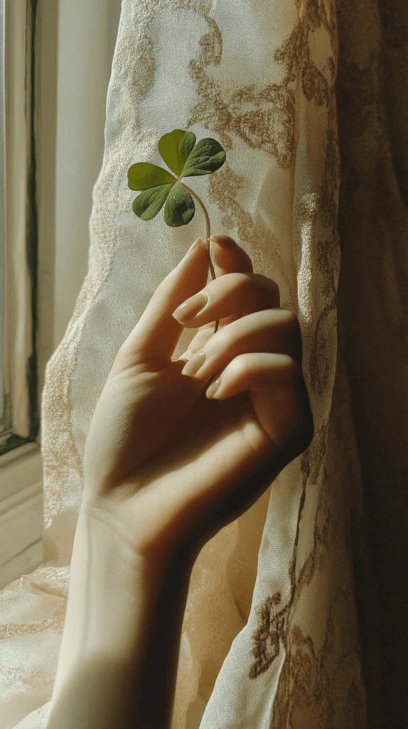 Saint Patrick’s Day aesthetic, elegant wallpaper with a clover on top of a women's hand